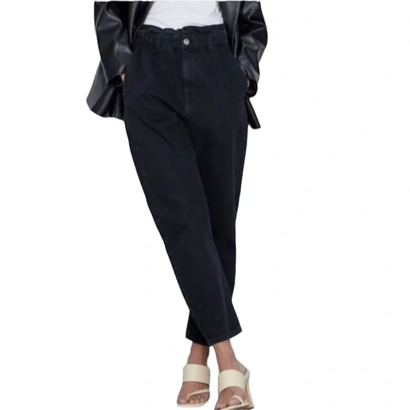NWT Zara Black Elastic Paper Bag Waist Ultra High Rise 100% Cotton Jeans Size XL - Picture 2 of 16